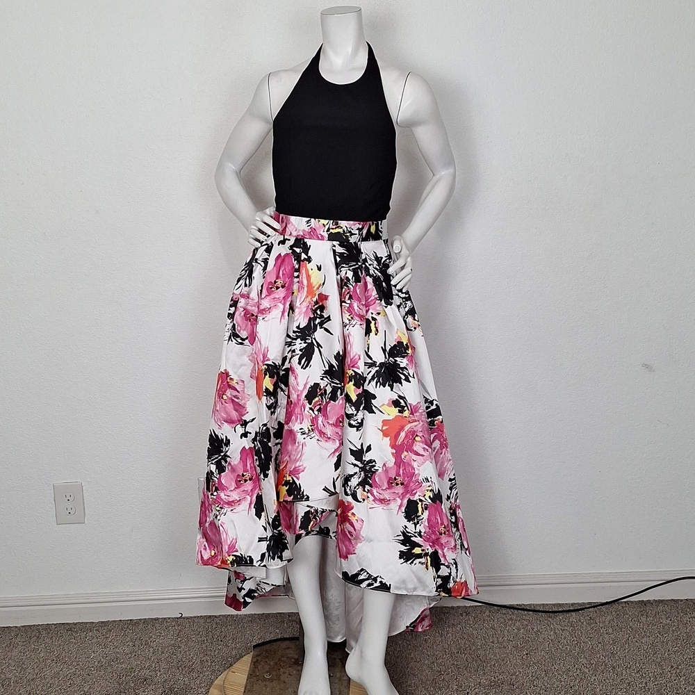 Leslie Fay Black Pink Floral Print Halter Neck Elegant High Low Dress Size 8